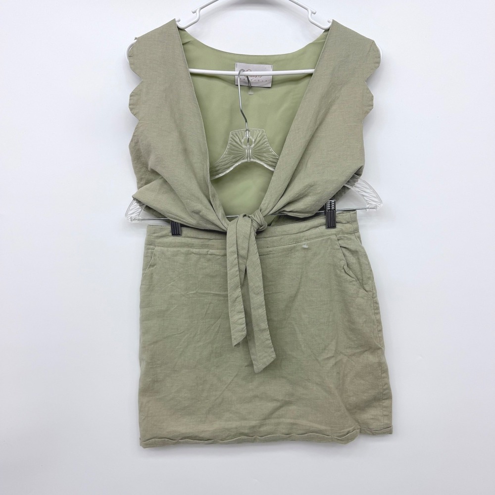 Blush Boutique Set Linen Scallop Tie Front Crop Top Mini Skirt Sage Small